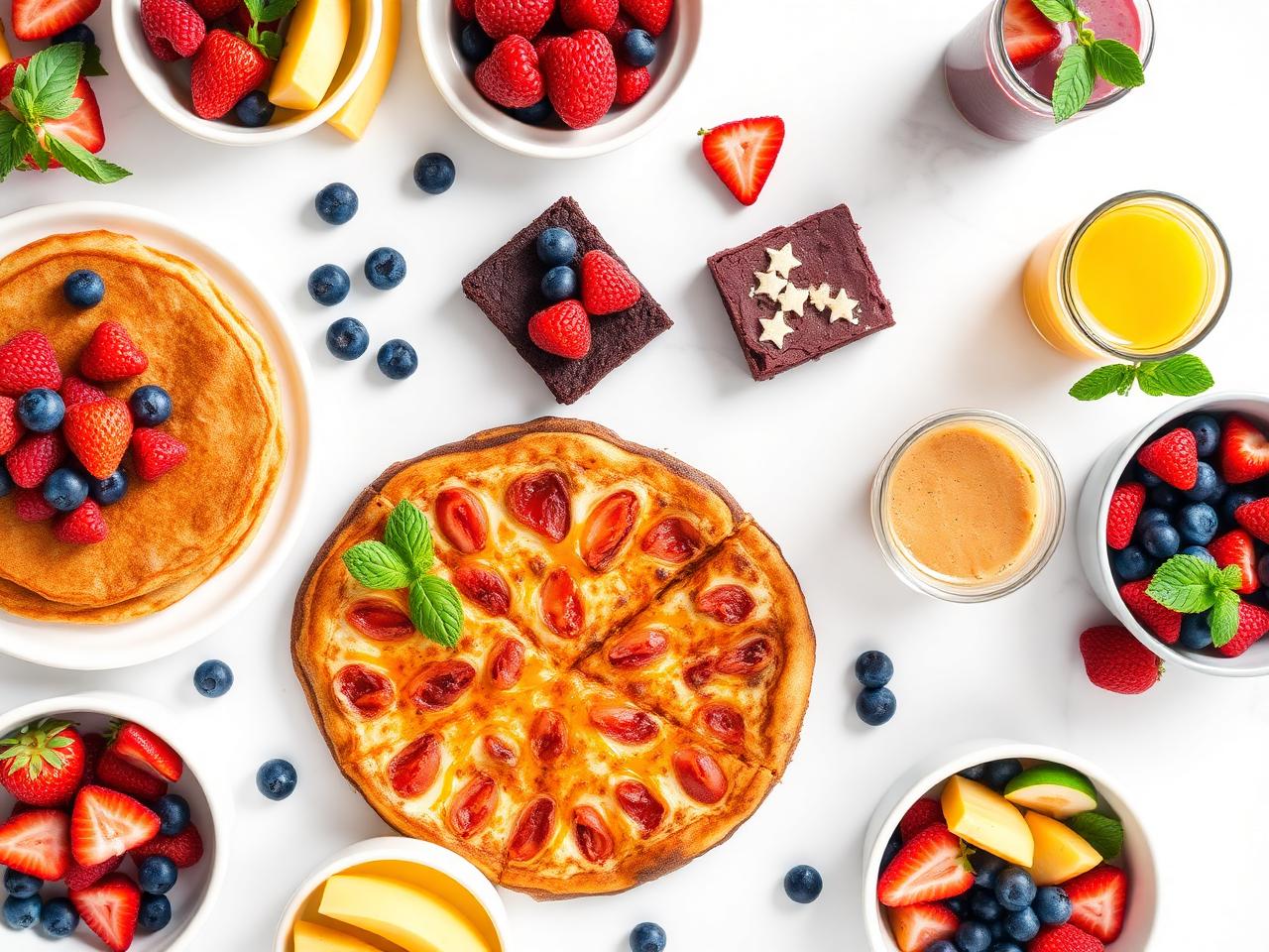 Diversas receitas fit: panquecas, pizza fit, brownies e bowls